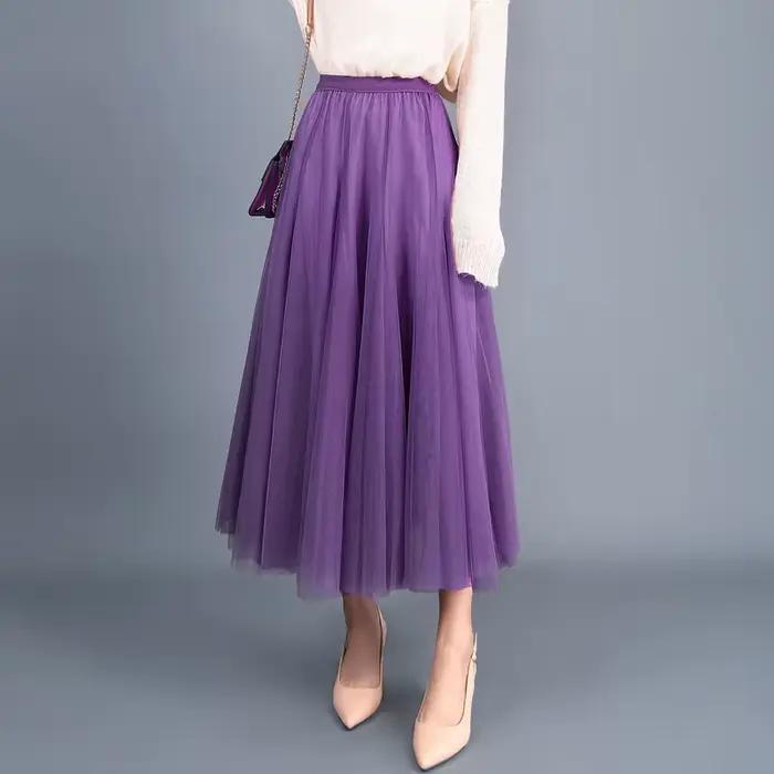 TingYiLi automne jupe en Tulle gris marron Beige rose noir jupes longues femmes élégante