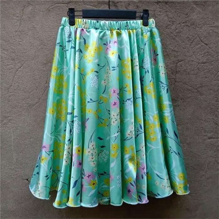 Jupe fine en satin sexy pour femme, imprimé floral, taille haute, coupe ample, longueur 60 cm, collection été-printemps