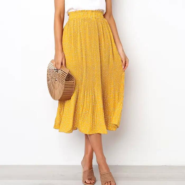 Jupe Midi Plissée à Pois Blancs et Imprimé Floral pour Femme, Taille Haute artificiel astique, Poches Latérales, Élégante, Astronomique, Été 2019