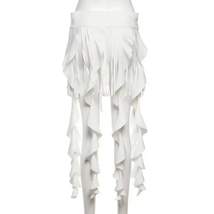 Jupe à volants irréguliers avec ceinture à pompons, ceintures ajustables à pompons longs pour femmes, mini-jupe décontractée et accrocheuse, jupe de vacances