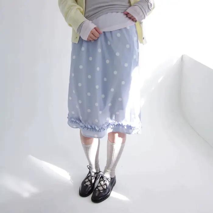 Jupe mi-longue en mousseline de soie à gros pois imprimés, style rétro pop, avec taille élastique pour filles