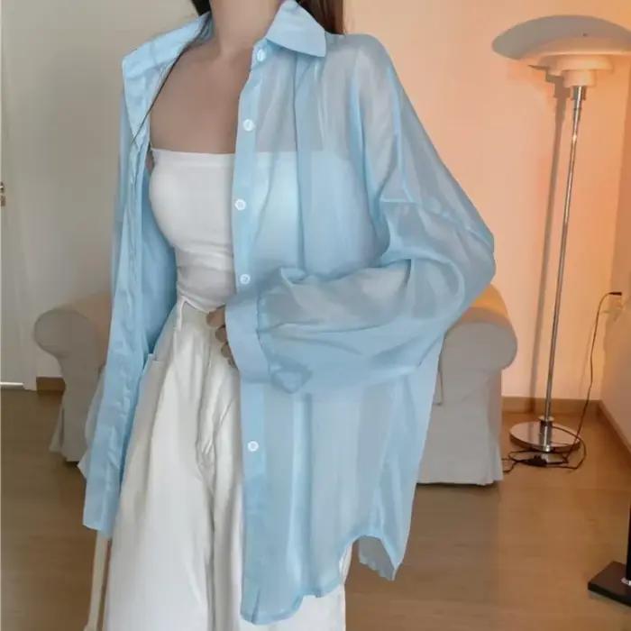 Femmes Chemise À Manches Longues Top Chemisier Femme En Mousseline De Soie Lâche Sexy Solide D'été Cardigan Couleur Mince Chemise Décontractée Vêtements D'extérieur Franc [рач coi