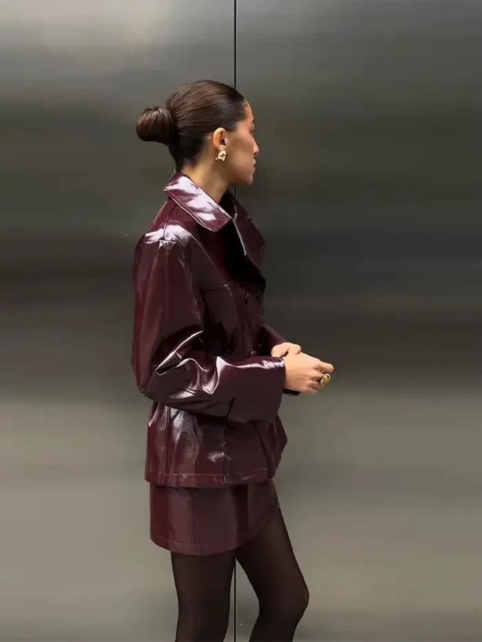 Ensemble de jupes 2 pièces en Faux cuir pour femmes, vestes à col à revers, manteau, coupe ample, vêtements d'extérieur Chic, Vintage, mode de rue, tenue pour dames