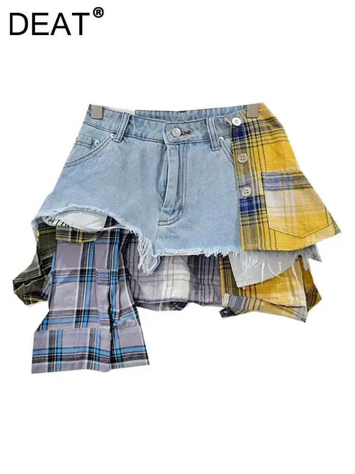 DEAT – jupe en jean pour femmes, Patchwork à carreaux colorés, déconstruit irrégulier, ligne a, taille haute, Mini jupe, nouvelle mode printemps 2026
