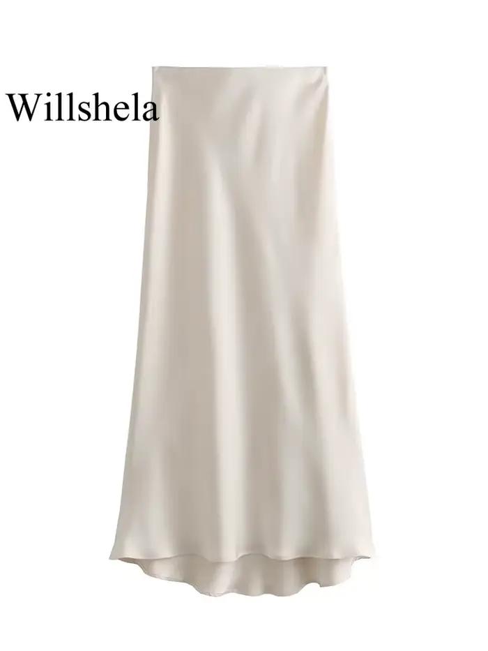 Willshela femmes mode Satin solide plissé jupe Midi Vintage taille mi élastique femme Chic dame jupes