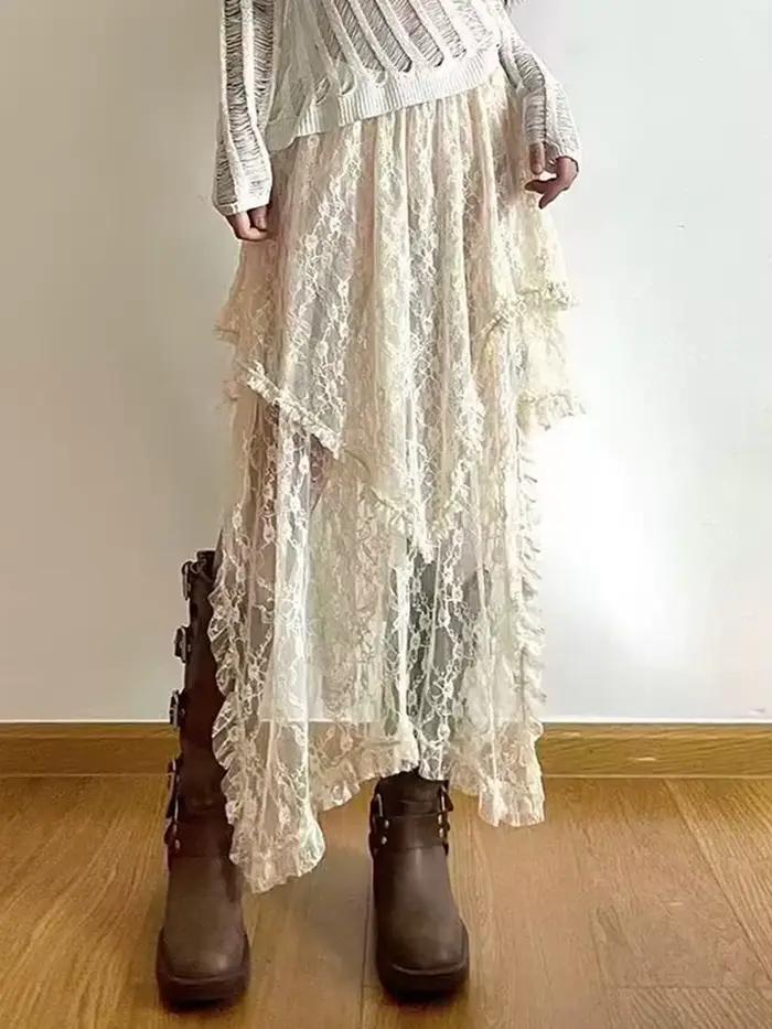 Jupe asymétrique en dentelle Fairycore pour femmes