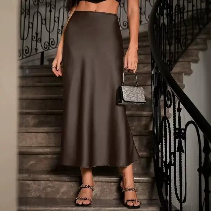 Jupe en satin de style européen et américain, jupe élégante mi-longue avec une taille ajustée pour le printemps et l'été
