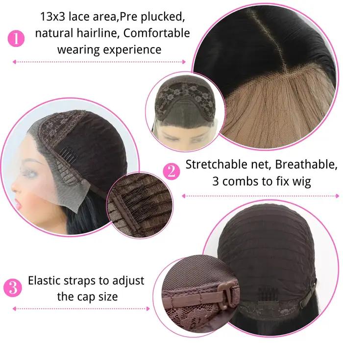 Perruque Lace Front Wig Synthétique HD Sans Colle, Cheveux Longs et Lisses, Noirs Naturels, Pre-Plucked, Fibre de Degré de Chaleur, pour Femme