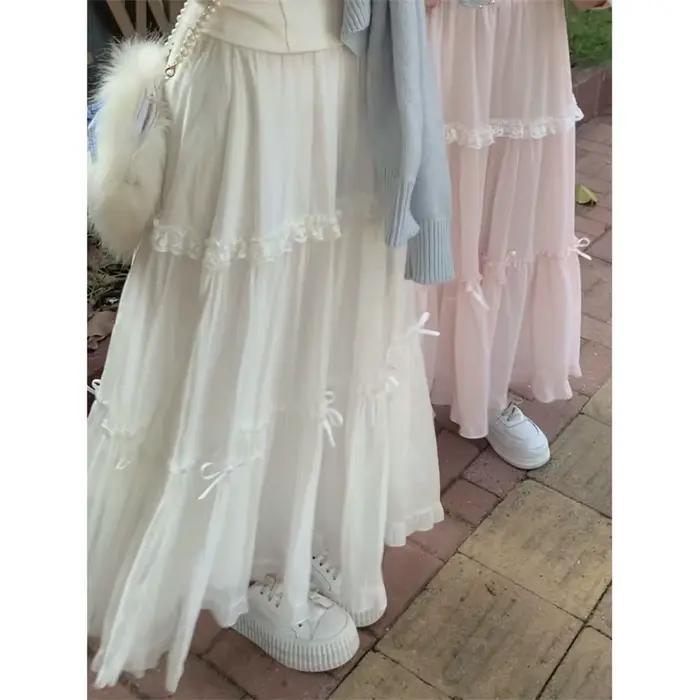 Jupes douces femmes nœud dentelle Patchwork élastique taille haute printemps été 2025 mode japonaise élégante jupe longue femme décontracté