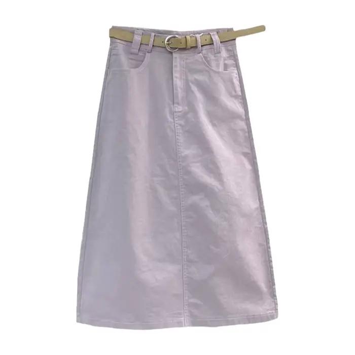 Jupe mi-longue en jean délavé à taille haute pour femme