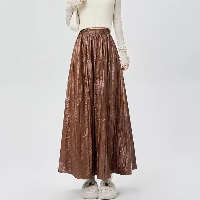 Jupes plissées en cuir Pu pour femmes, taille haute, ligne a fine, couleur unie, mode coréenne, nouvelle collection automne 2025