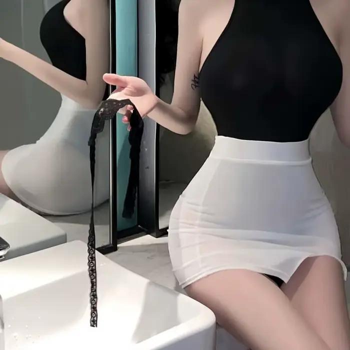 Jupe courte noire unie ultra-fine transparente taille haute moulante sexy pour femme