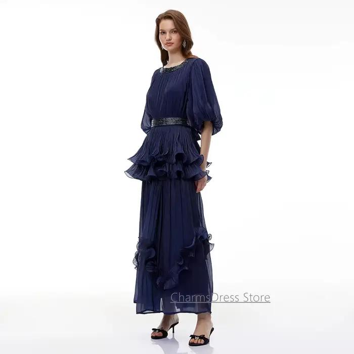 Robe de soirée marine personnalisée, col rond, manches bouffantes, perles, volants, plissée, coupe trapèze, longueur cheville, pour bal de promo