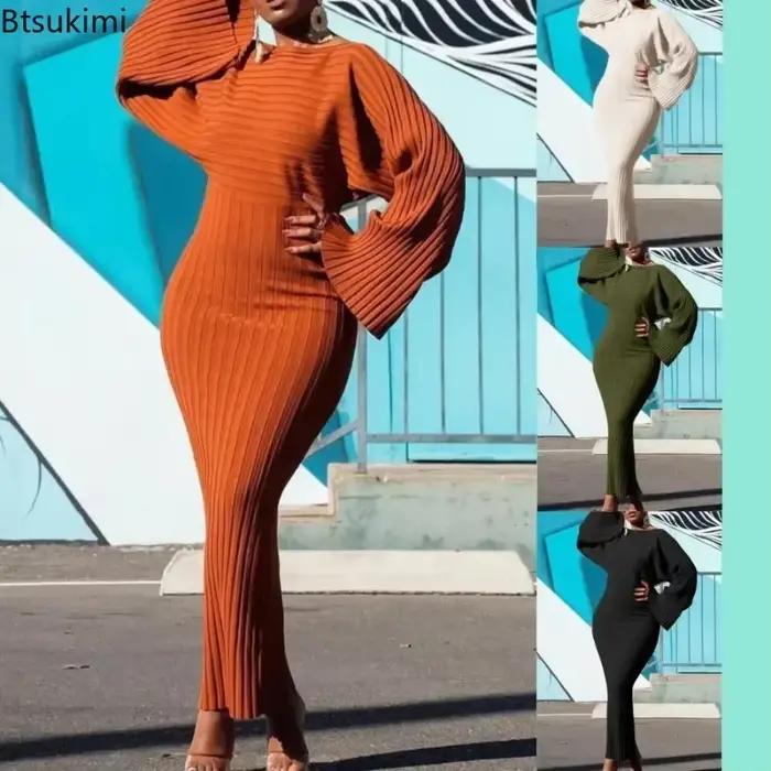 Femmes automne manches chauve-souris tricoté côtelé Robe longue moulante solide élégant col rond