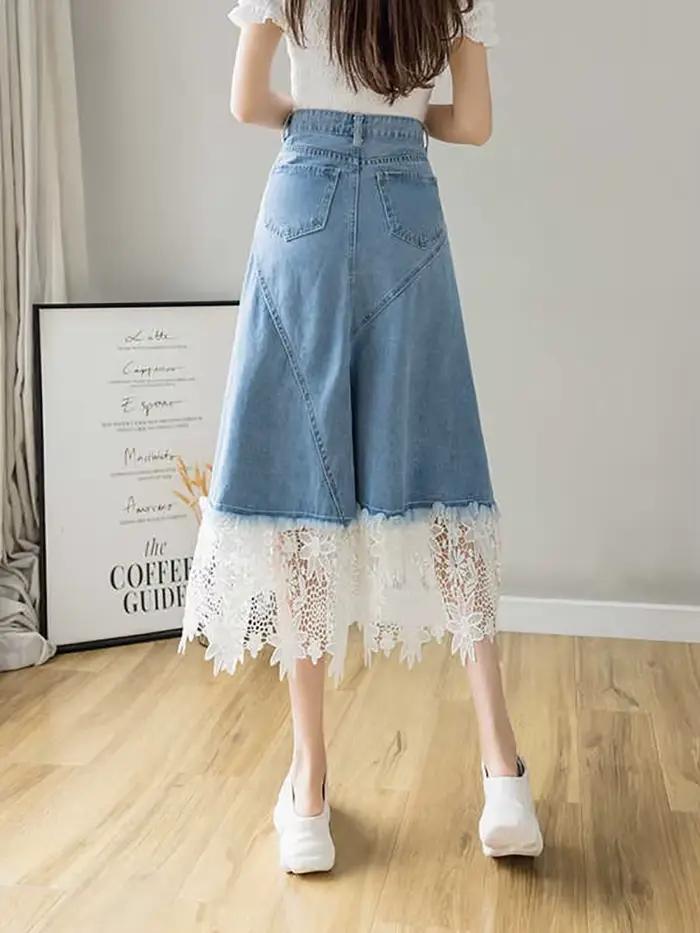 Jupe en jean Patchwork en dentelle pour femmes, nouvelle collection d'été rétro, taille haute, amincissante, mi-longue, jupe parapluie trapèze irrégulière