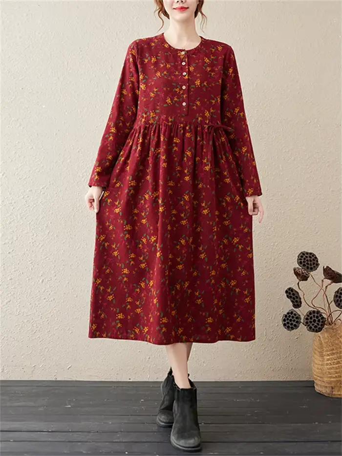 Robes à manches longues en coton et lin à imprimé floral vintage pour femmes