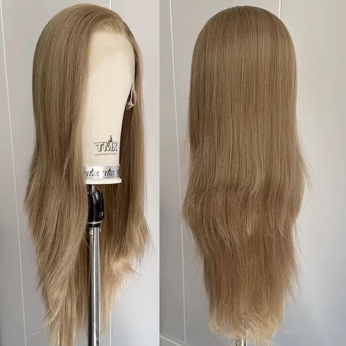 Perruque Lace Front Wig synthétique lisse et soyeuse à reflets blonds, mélange de couleurs 13x4, cheveux synthétiques résistants à la chaleur pour femmes, usage quotidien