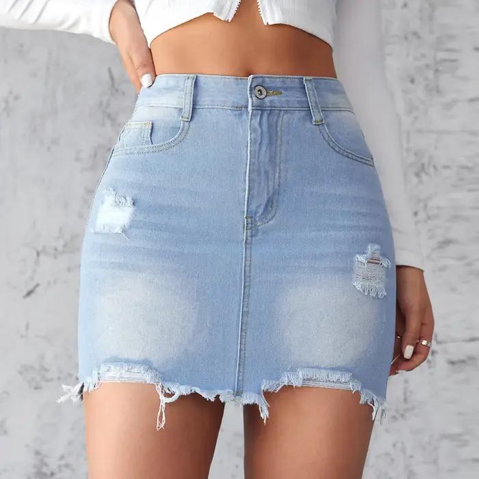 Été nouvelle jupe en jean pour femmes mode courte Sexy déchiré bord brut