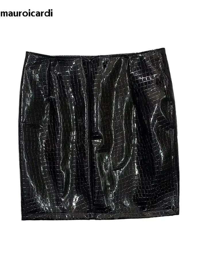 Mini jupe courte en cuir Pu pour femmes, imprimé Crocodile noir réfléchissant brillant, taille haute, vêtements de luxe élégants, automne 2025