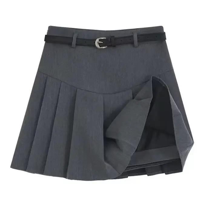 Fashion A-line Pleated Mini Skirts for Women High Waisted Gray Black Solid Short