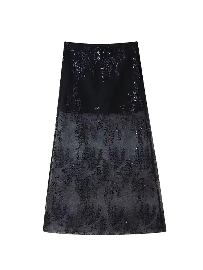 HH femmes mode été jupes solide taille haute brodé paillettes décoration fermeture éclair gaze jupe femme Sexy mince jupes longues
