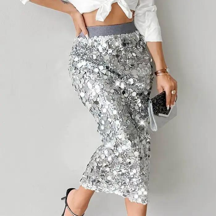 Jupe Sexy à paillettes, taille haute, moulante aux hanches, à la mode, couleur unie, élégante, mi-longue, jupes à paillettes