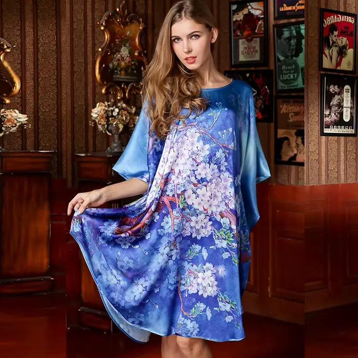 Chemise de nuit en soie mûre pour femme, tenue de nuit longue, motif Floral, 100% soie, cadeau idéal, 19mm