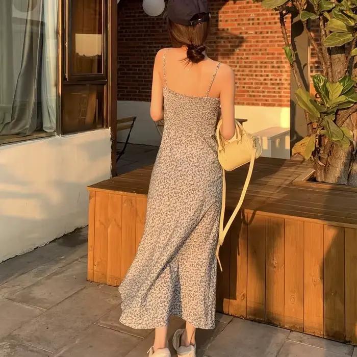 Robe longue d'été pour femme, robe à fleurs bleue, style français, robe vintage pour les vacances