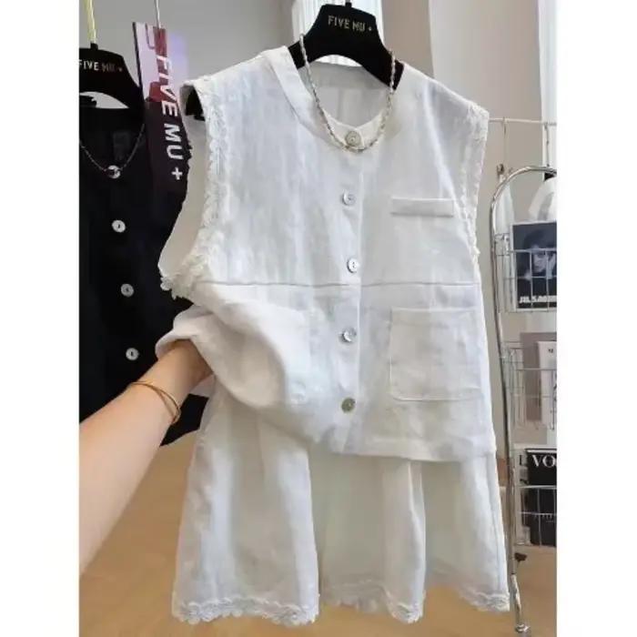 Ensemble deux pièces pour femmes, veste sans manches et jupe, tissu en lin, bordure en dentelle, bouton sur le devant, poche, tenue décontractée blanche