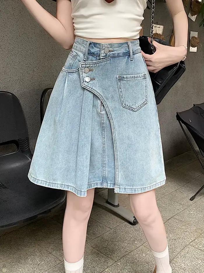 Vintage été Midi Denim jupes pour femme ample Streetwear Y2K grande taille jean jupe femmes a-ligne croisé plissé Faldas Largas