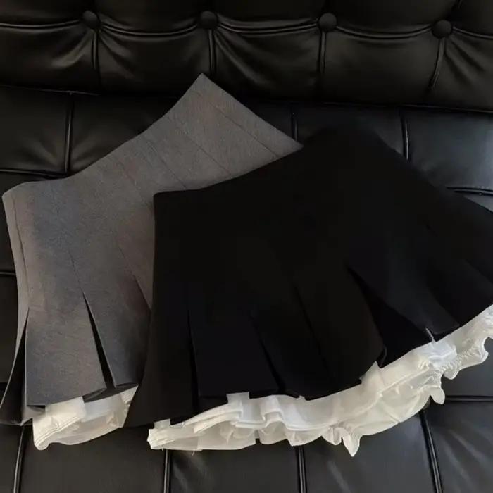 Mini jupe noire à volants pour femmes, jupe plissée en Patchwork coréen, taille haute japonaise, assortie à tout, jupe trapèze, nouvelle collection