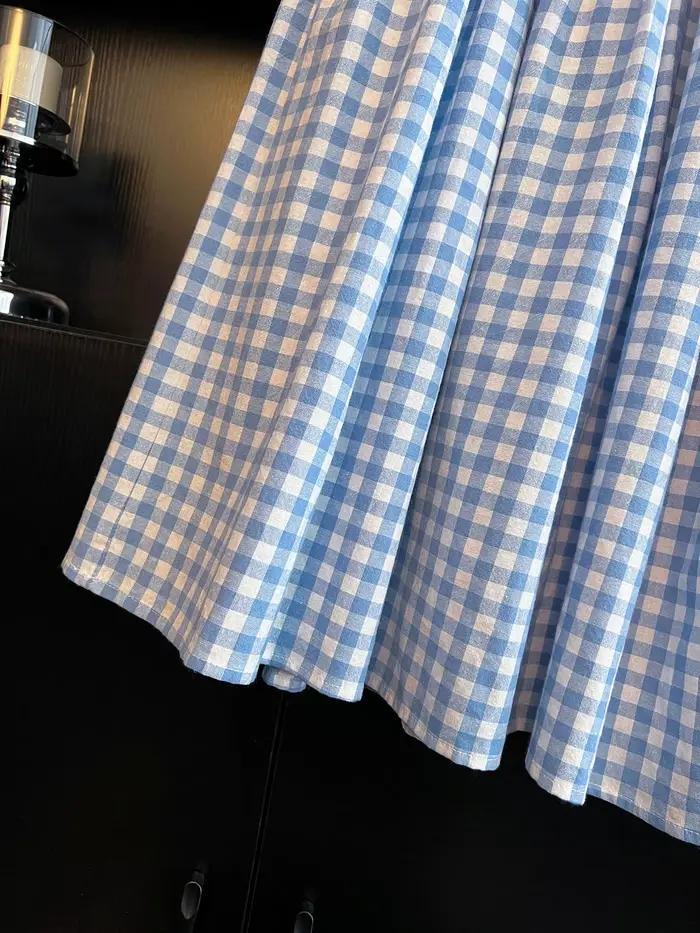 Jupe longue trapèze bleue à carreaux pour femme, style coréen, ample, dissimule les hanches, design unique, décontractée, pour le quotidien