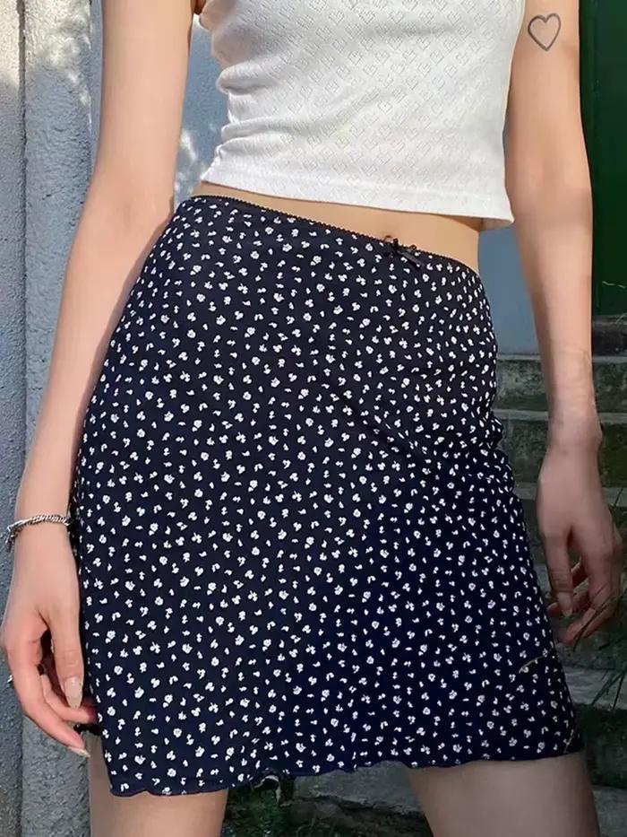 Doux nœud fleuri a-ligne jupes femmes été Fairycore mince dentelle garniture Preppy Style Mini jupe femme mignon Vintage Falda vêtements