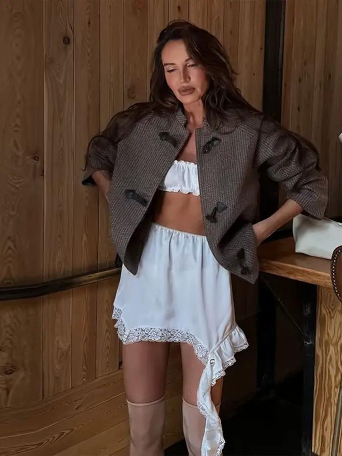 Mini jupe rétro en dentelle à volants pour femmes, élégante, blanche, taille haute, Patchwork, élastique, courte, été, Chic, Streetwear, 2025