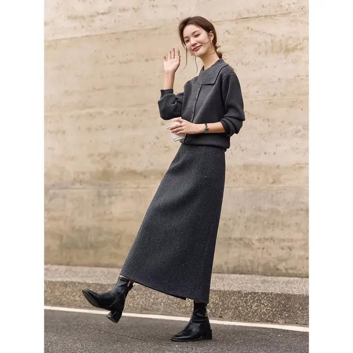 Jupe simple VIMLY pour femme, collection Printemps-Automne 2026, gris, paillettes fines, décontractée, taille élastique, coupe trapèze, longueur midi, vêtements féminins A3509