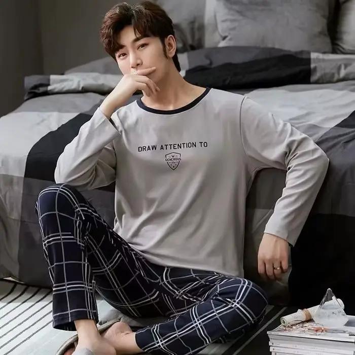 Pyjamas hommes manches longues et pantalons printemps et automne Style Simple et respirant vêtements de nuit étudiant jeunesse vêtements de détente vêtements de nuit