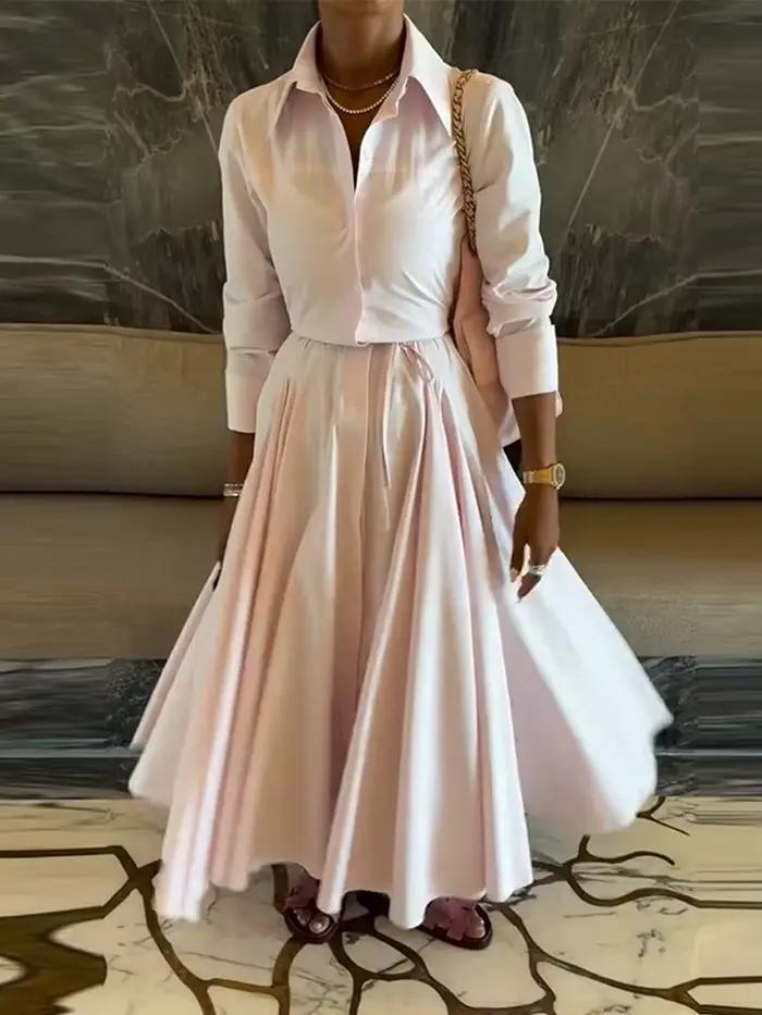 Ensemble élégant chemise et jupe pour femme, chemisier à revers avec boucle dissimulée, jupe longue plissée trapèze, collection Printemps 2026, ensemble 2 pièces pour le bureau