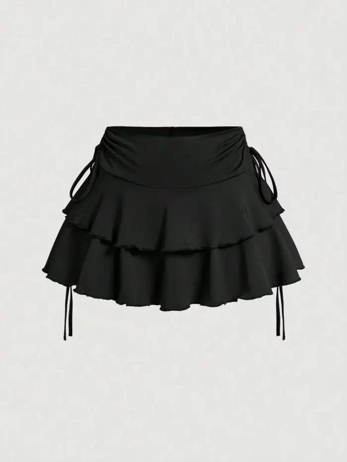 Jupe mini évasée unie à taille haute avec cordon de serrage et détail plissé, idéale pour les tenues de fête, de plage et de vacances d'été