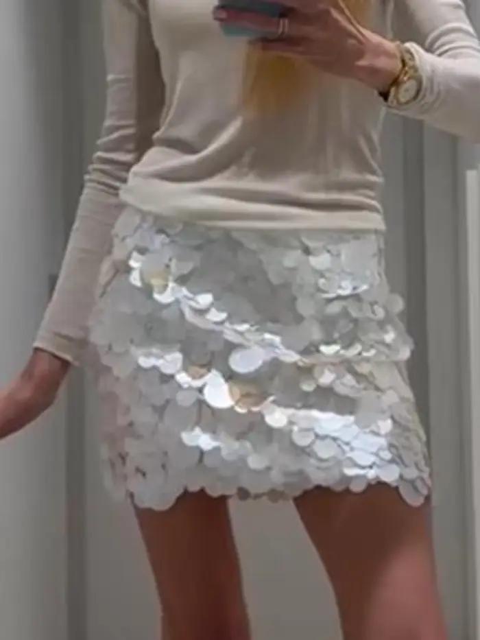 Jupe courte à sequins pour femme, polyester, coupe trapèze, taille haute, mini, collection Printemps Été 2026, plage, vacances