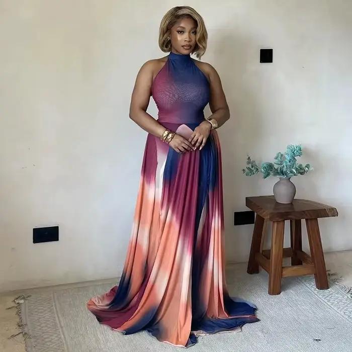 Robe longue trapèze plissée à imprimé dégradé pour femme, dos nu, sans manches, avec ceinture, sexy
