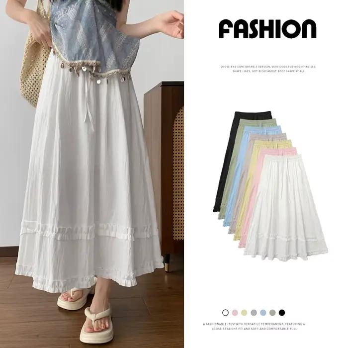 Jupe longue décontractée pour femme, couleur unie, à volants, taille élastique, coupe trapèze, jaune clair, pour printemps, été et vacances à la plage