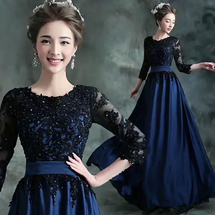 Robe de mariée à paillettes à manches longues pour mariée, jupe trapèze personnalisée, bleue et noire, banquet annuel, soirée du président