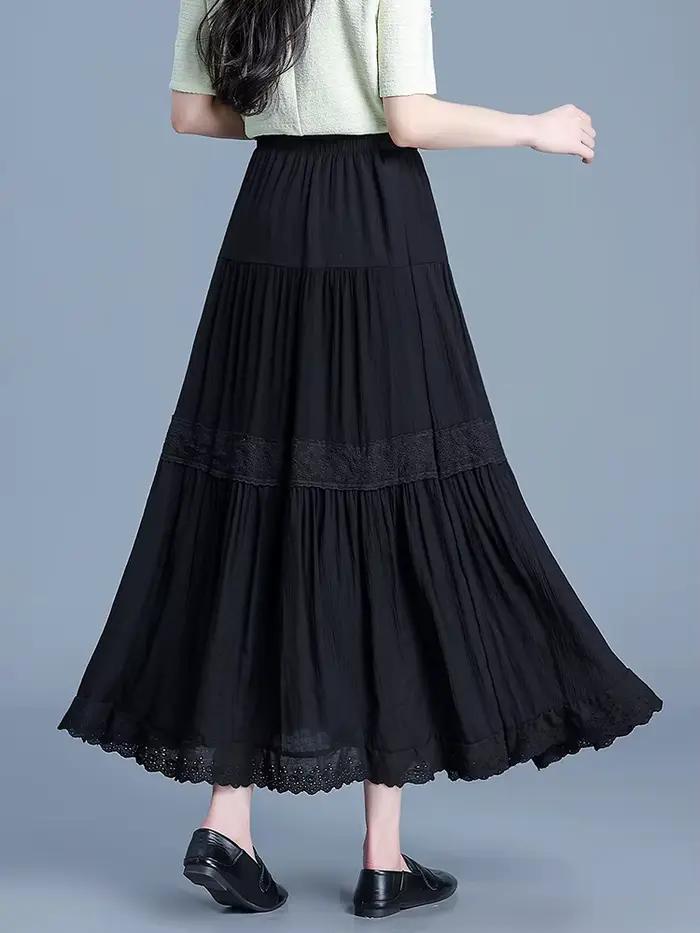 ZUZK grande balançoire conception mi-longue jupe femmes taille élastique 2025 Goth Lolita été dentelle épissage évider jupes plissées rok