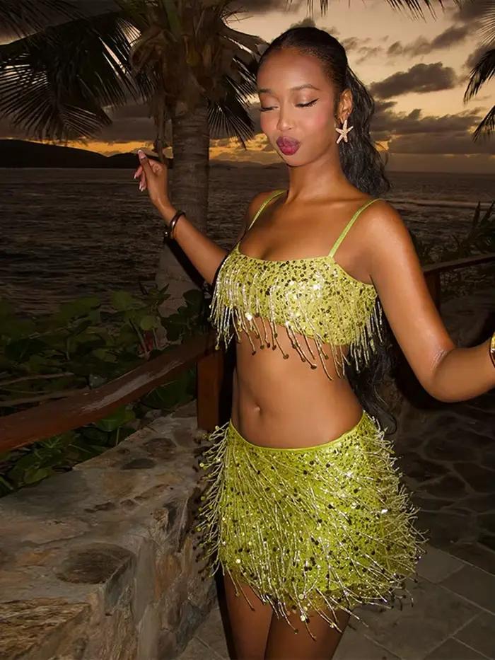 Sexy plage gland jupes tenues femmes paillettes dos nu sans manches brillant Ibiza ensembles femme 2025 printemps été Chic Festival costume