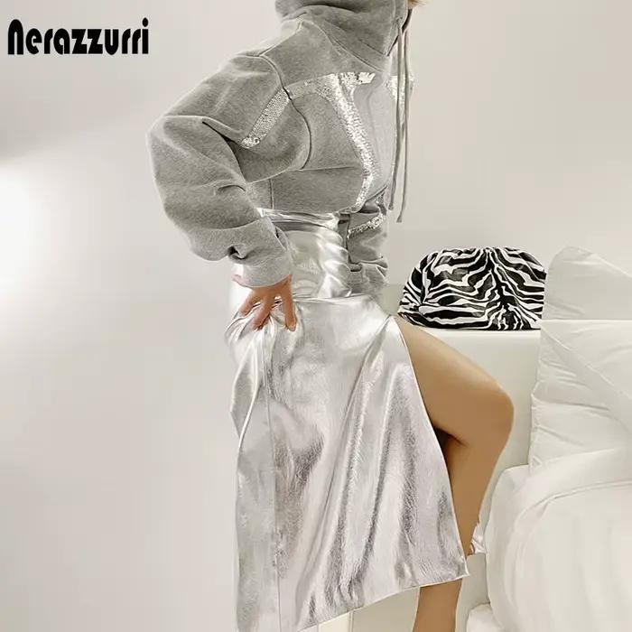 Jupe mi-longue Nerazzurri noire réfléchissante en cuir verni avec fente, taille haute, argentée, pour femme, collection 2021