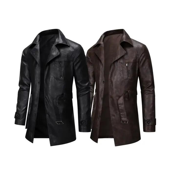Cool à la mode mi à longue longueur veste en cuir hommes coupe ajustée Double boutonnage en cuir coupe-vent hiver hommes qualité nouvelle veste