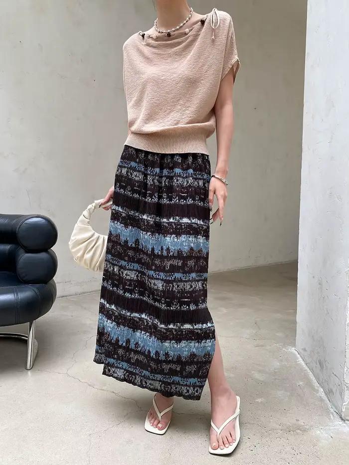 Jupe droite plissée à taille élastique pour femme, style rétro imprimé, texture décontractée, idéale pour l'été