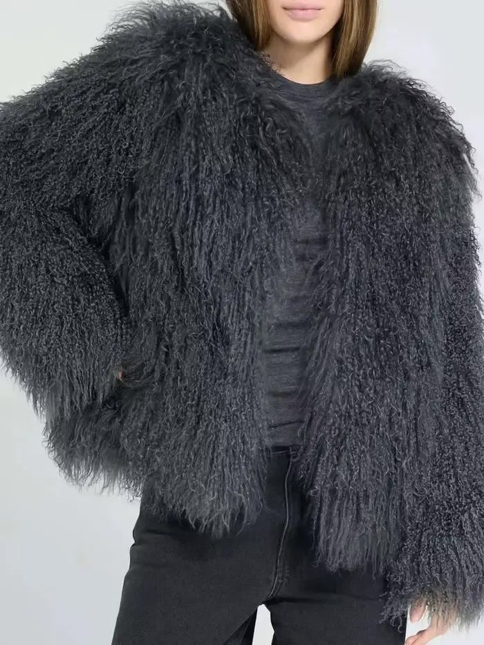 Manteau en fourrure de Mongolie pour femme, élégant, moelleux, couleur unie, épais, thermique, à manches longues, mode hiver, coupe oversize