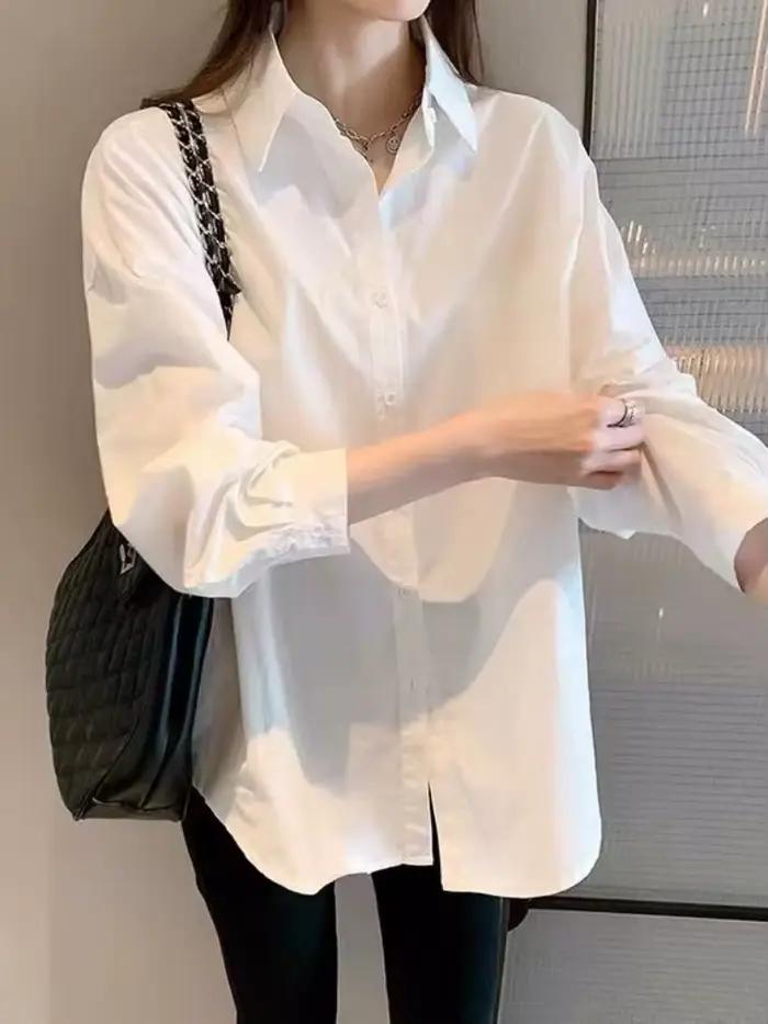 Chemisier blanc à manches longues pour femme, style vintage polyvalent, idéal pour le bureau ou comme sous-vêtement décontracté