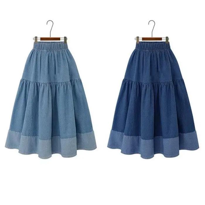 Jupe en jean bleu femmes taille haute jupes longues à plusieurs niveaux Denim élastique tenue décontractée